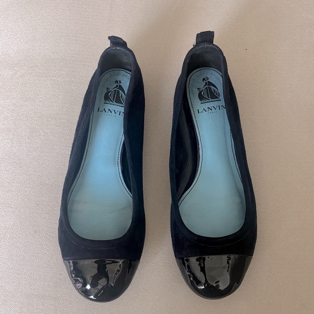 Lanvin Navy Blue Suede & Black Patent Cap Toe Ballerina Flat sz 37